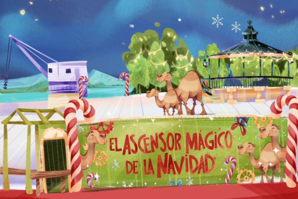 cartel del ascensor mágico de Santander con camellos y motivos navideños