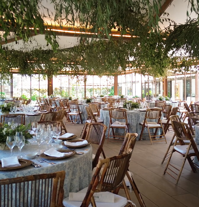 Salón decorado con vegetación en el techo